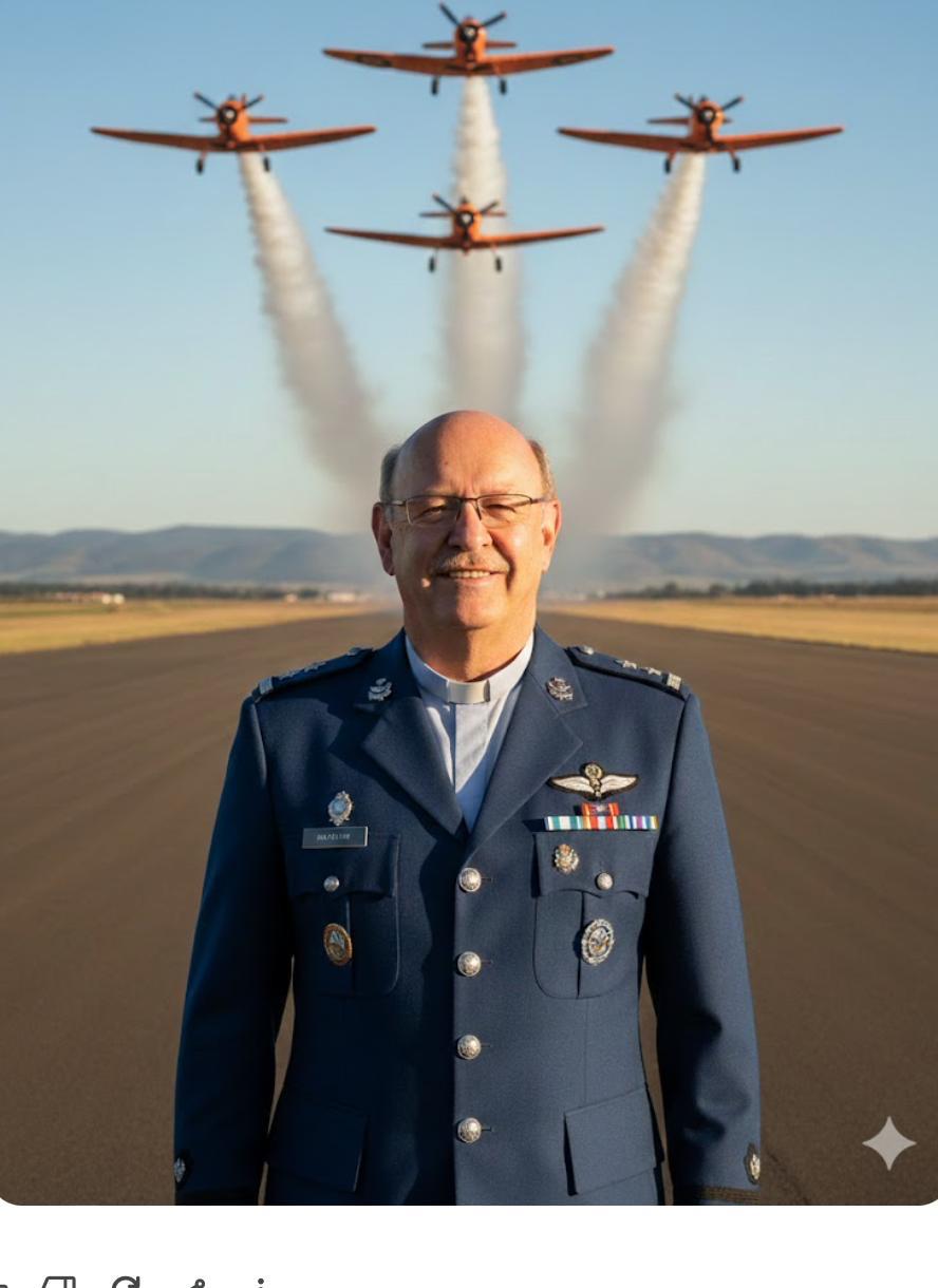 A uniformed air force chaplain on a runway with aircraft overhead
